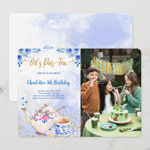 Convite de Foto de Aniversário de Chá Azul e Rosa