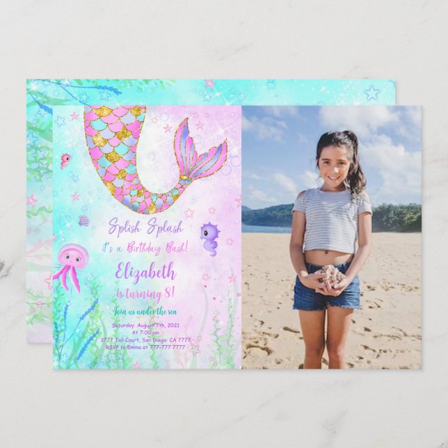 Convite de Foto de Aniversário de Crianças Sereia (Frente/Verso)