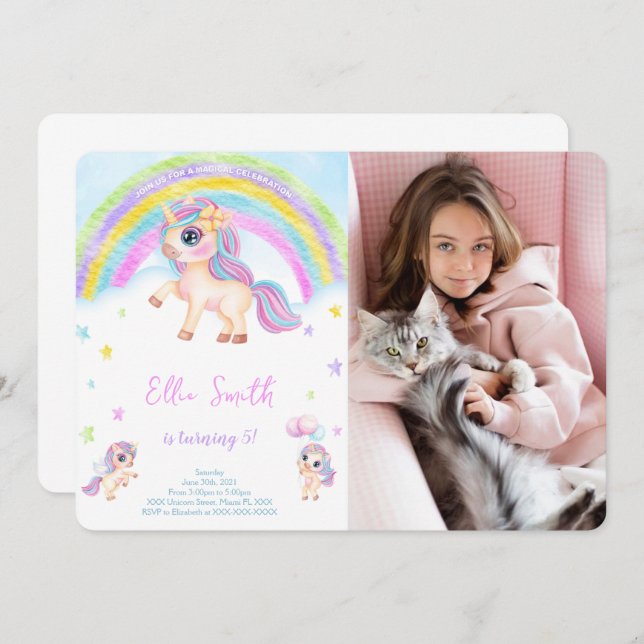 Convite de Foto de Aniversário de Crianças Unicórn (Frente/Verso)