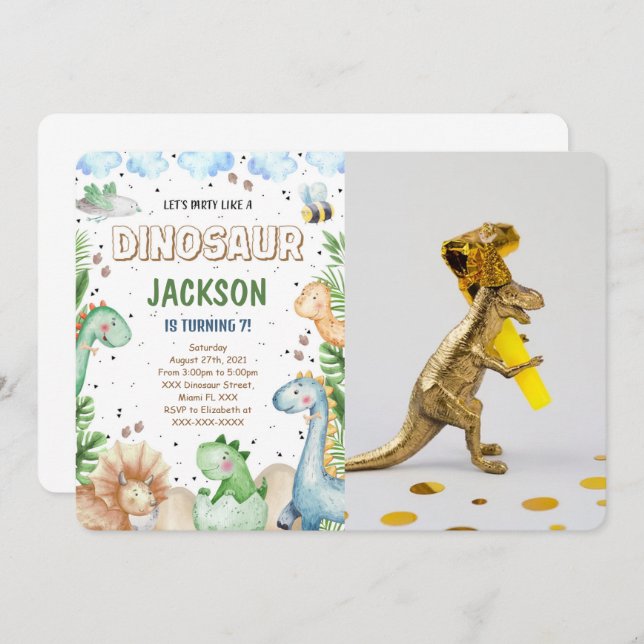 Convite de Foto de Aniversário de Dinossauro (Frente/Verso)