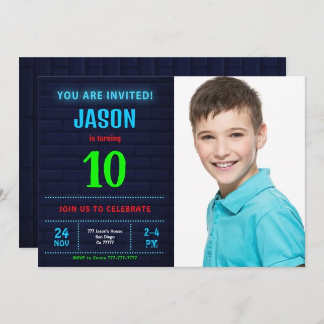 Convite de Foto de Aniversário de Menino (Frente/Verso)
