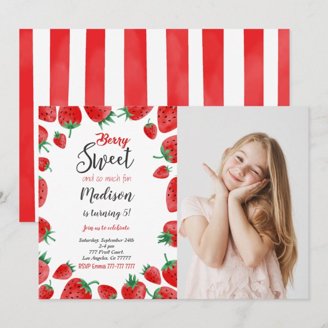 Convite de Foto de Aniversário de Morango (Frente/Verso)