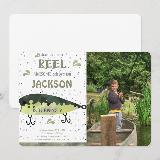 Convite de Foto de Aniversário de Pesca (Frente/Verso)
