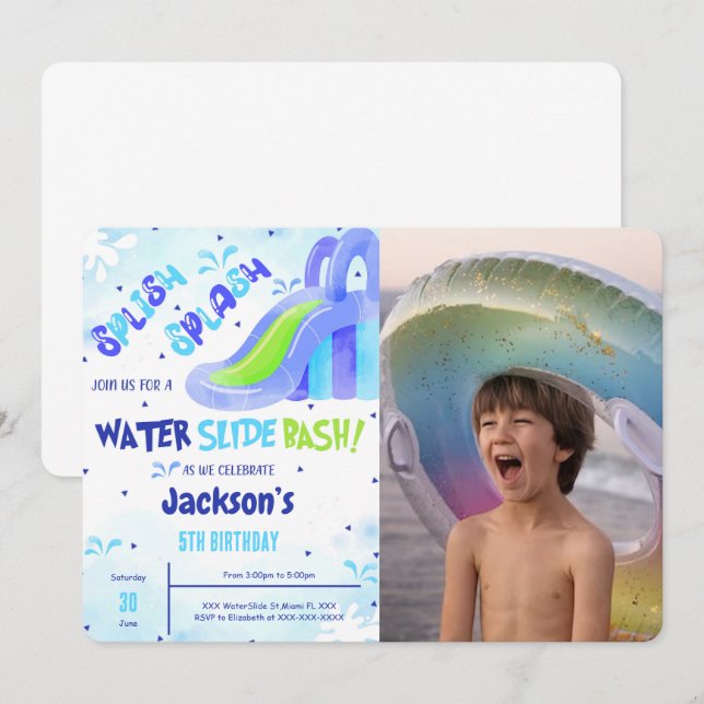 Convite de Foto de Aniversário de Pista de Água (Frente/Verso)