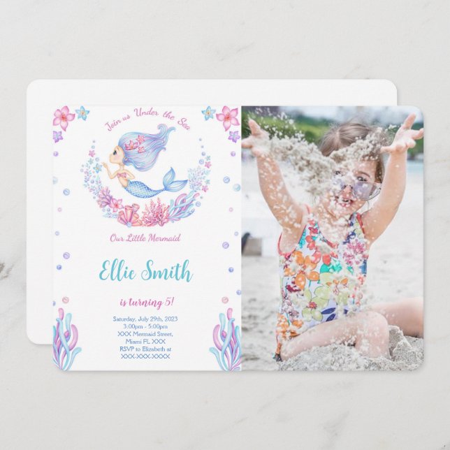 Convite de Foto de Aniversário de Sereia (Frente/Verso)