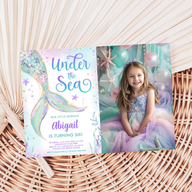 Convite de Foto de Aniversário de Sereia Debaixo d (Under the Sea Mermaid Birthday Photo Invitation)
