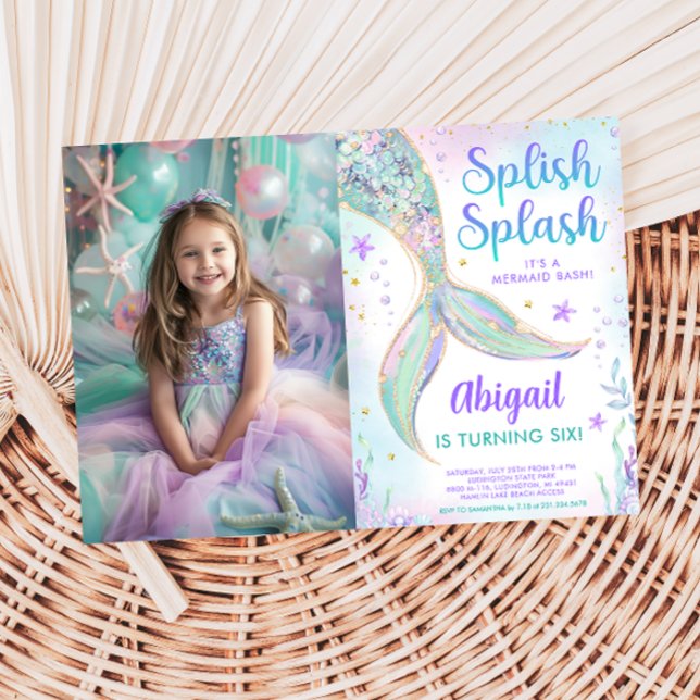 Convite de Foto de Aniversário de Sereia Splish Sp (Splish Splash Mermaid Birthday Photo Invitation)
