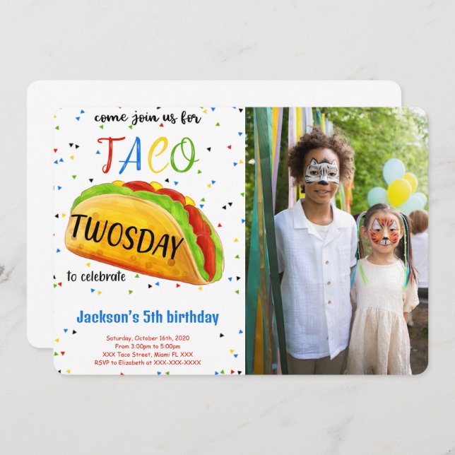 Convite de Foto de Aniversário de Taco Editável (Frente/Verso)