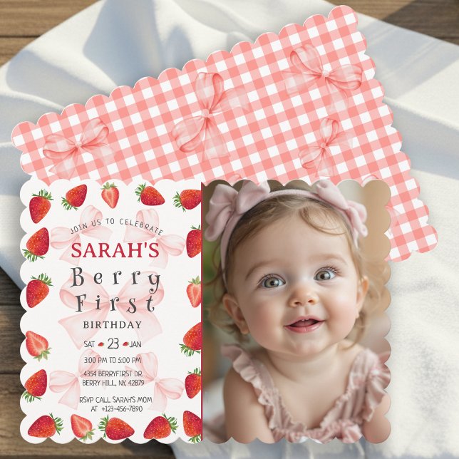 Convite de Foto de Aniversário de Um Ano Coquette  (Coquette Berry First Birthday Photo Invitation)