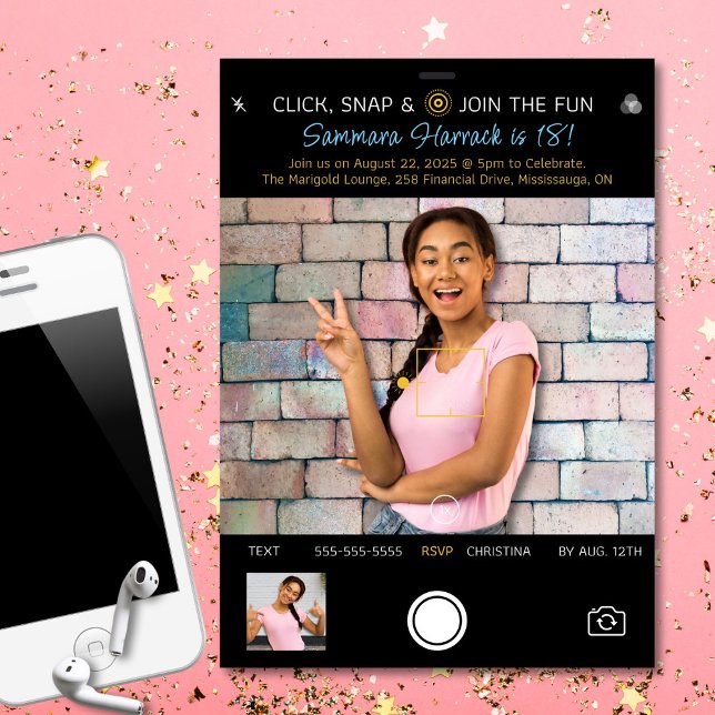 Convite de Foto de Aniversário do Snapshot (Fun, modern photo-themed birthday invitation for all ages.)