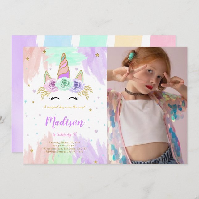 Convite de Foto de Aniversário do Unicórn (Frente/Verso)