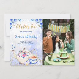 Convite de Foto de Aniversário Festa de Chá Azul e