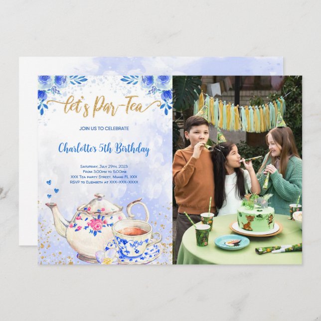 Convite de Foto de Aniversário Festa do Chá Azul e (Frente/Verso)