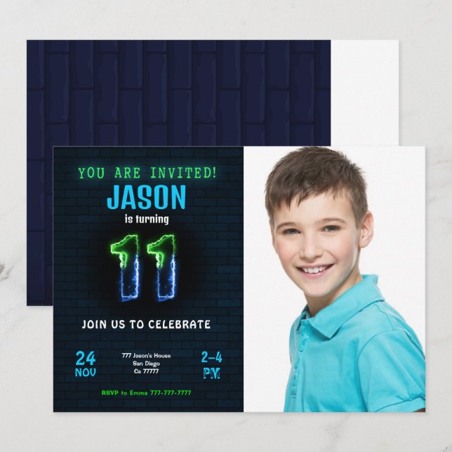 Convite de Foto de Aniversário para 11 (Frente/Verso)