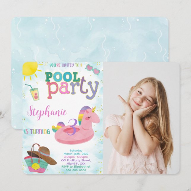 Convite de Foto de Aniversário para Piscina legal (Frente/Verso)