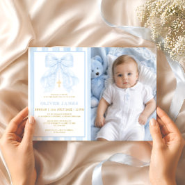Convite de Foto de Batismo de Bebê Menino com Laço