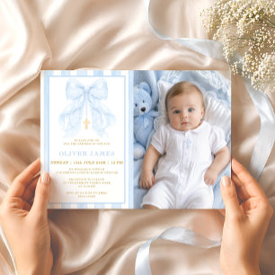 Convite de Foto de Batismo de Bebê Menino com Laço
