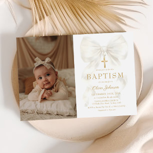 Convite de Foto de Batismo de Menina com Laço Bran