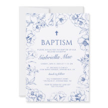 Convite de Foto de Batismo Floral Azul