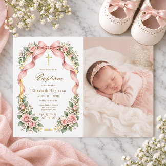 Convite de Foto de Batismo Floral com Laço Rosa El