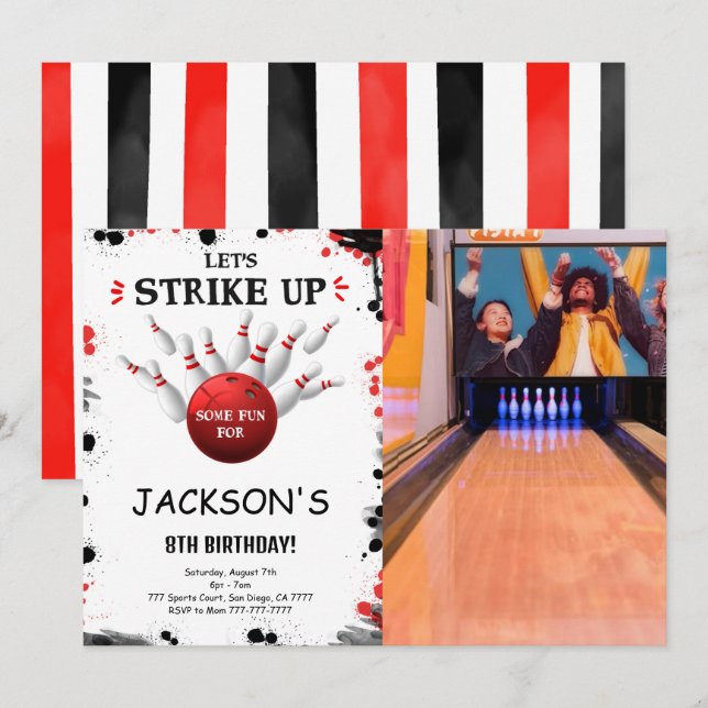 Convite de Foto de Boliche Editável Preto (Frente/Verso)
