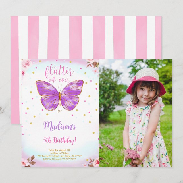 Convite de Foto de Borboleta de 5º Aniversário (Frente/Verso)