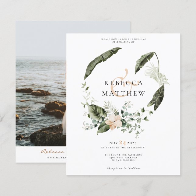 Convite de Foto de Casamento Boho Floral Verde com (Frente/Verso)