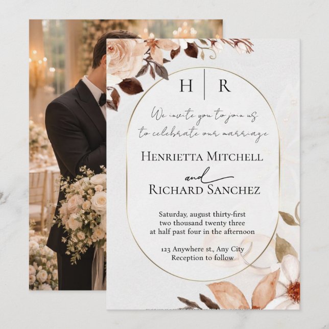 Convite de Foto de Casamento com Flores (Frente/Verso)