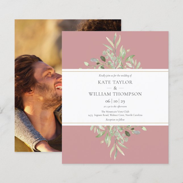Convite de Foto de Casamento com Verdejante Rosa E (Frente/Verso)