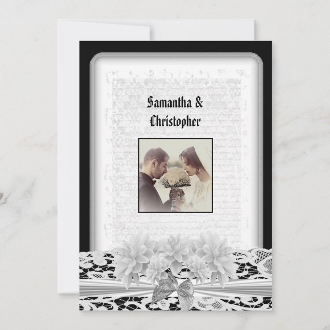 Convite de foto de casamento de renda branca e pre (Verso)