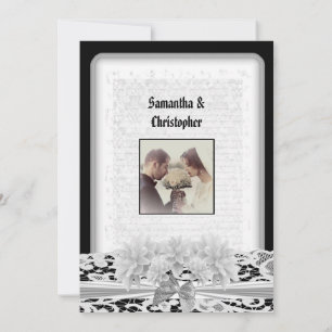 Convite de foto de casamento de renda branca e pre