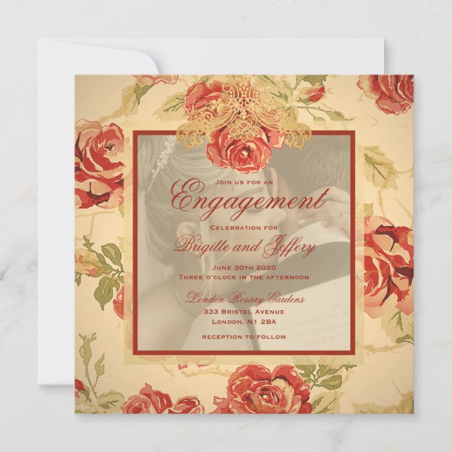 Convite de foto de casamento de rosa vermelha rúst (Frente)