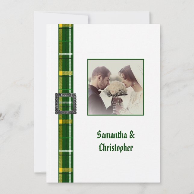 Convite de foto de casamento de tartan verde (Verso)