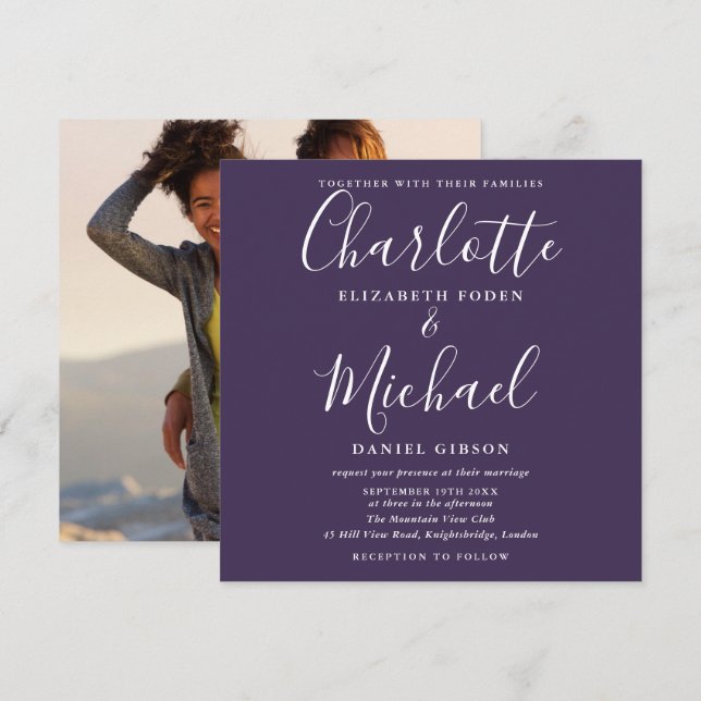 Convite de Foto de Casamento em Script Elegante Ro (Frente/Verso)