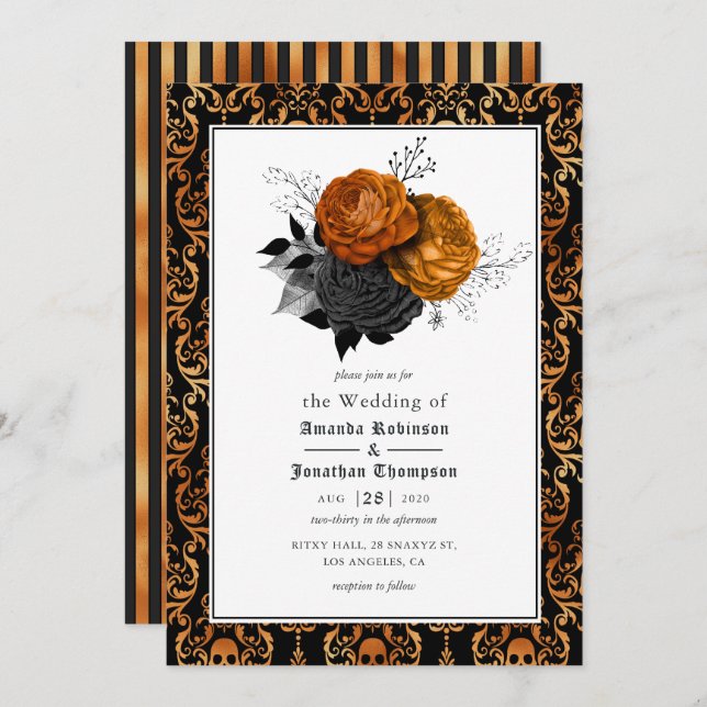 Convite de Foto de Casamento Floral Gótico Preto e (Frente/Verso)