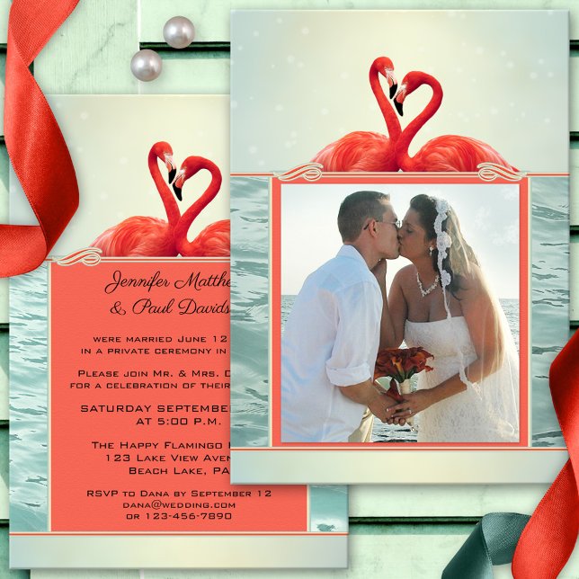 Convite de Foto de Casamento Pós ou Depois do Casa (Wedding photo reception only or after wedding invitation featuring two flamingos on an ocean)