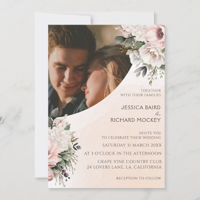 Convite de Foto de Casamento Rosa Floral Blush (Frente)