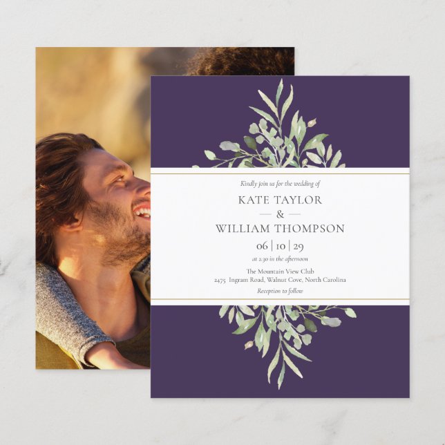 Convite de Foto de Casamento Roxo com Vegetação Ec (Frente/Verso)
