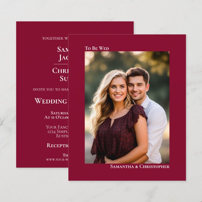 Convite de Foto de Casamento Simples com Cranberry (Frente/Verso)