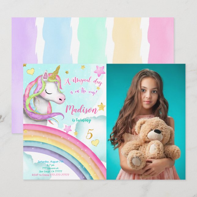 Convite de Foto de Festa de aniversário Unicorn (Frente/Verso)
