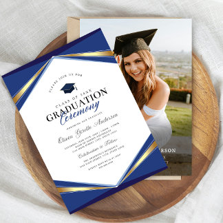 Convite de Foto de Formatura Azul e Dourado Elegan