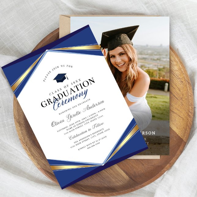 Convite de Foto de Formatura Azul e Dourado Elegan (Criador carregado)