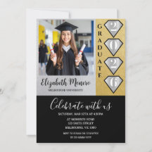 Convite de Foto de Formatura Black Gold Silver