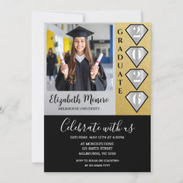 Convite de Foto de Formatura Black Gold Silver