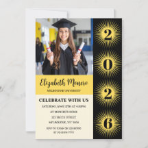 Convite de Foto de Formatura Black Yellow Sunburst