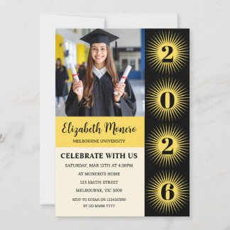 Convite de Foto de Formatura Black Yellow Sunburst