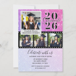 Convite de Foto de Formatura com Brilho Rosa