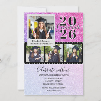 Convite de Foto de Formatura com Brilho Rosa
