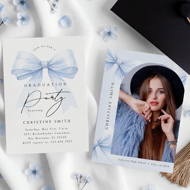 Convite de Foto de Formatura com Laço Azul Elegant (Criador carregado)