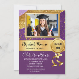 Convite de Foto de Formatura em Dourado Roxo